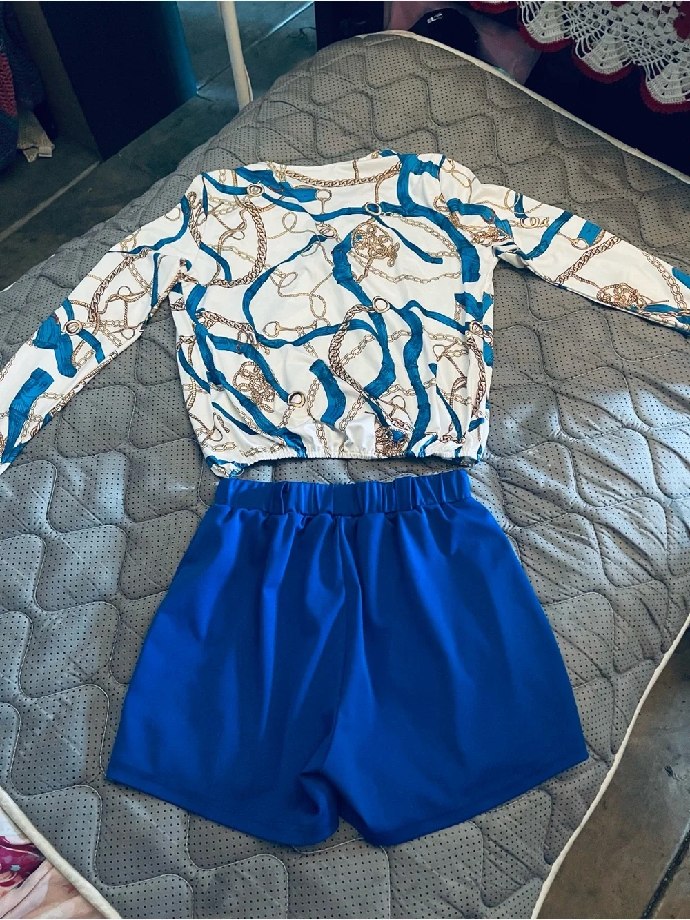 CBR White Chain Print Blouse with Blue High-Waist Shorts